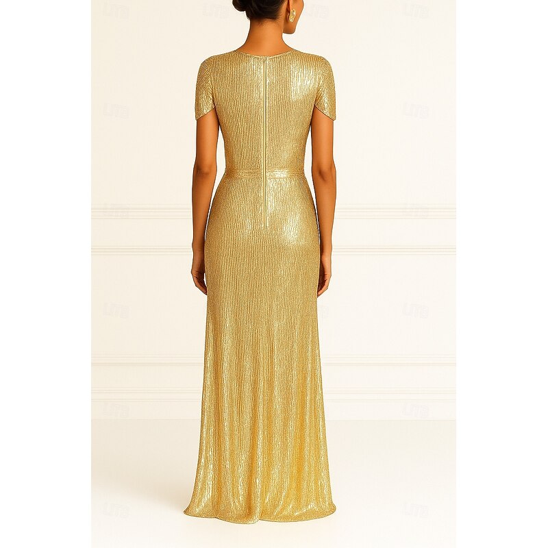 Gold Black Column Evening Gown Elegant Dress Formal Wedding Floor Length Short Sleeve V Neck Champagne Mother Of the Bride Dress Stretch Satin with Glitter Pleats 20252