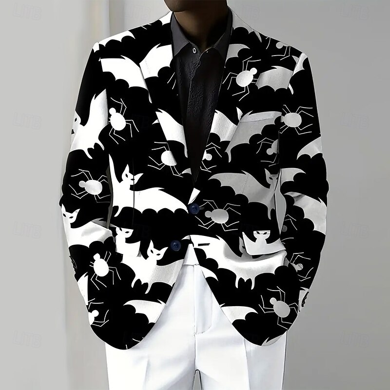 Halloween Men's Coat Blazer Outdoor Street Festival Casual Daily British All Seasons 100% Polyester Bat 3D Print Buttons Comfortable Single Breasted Blazer Black Orange Brown2