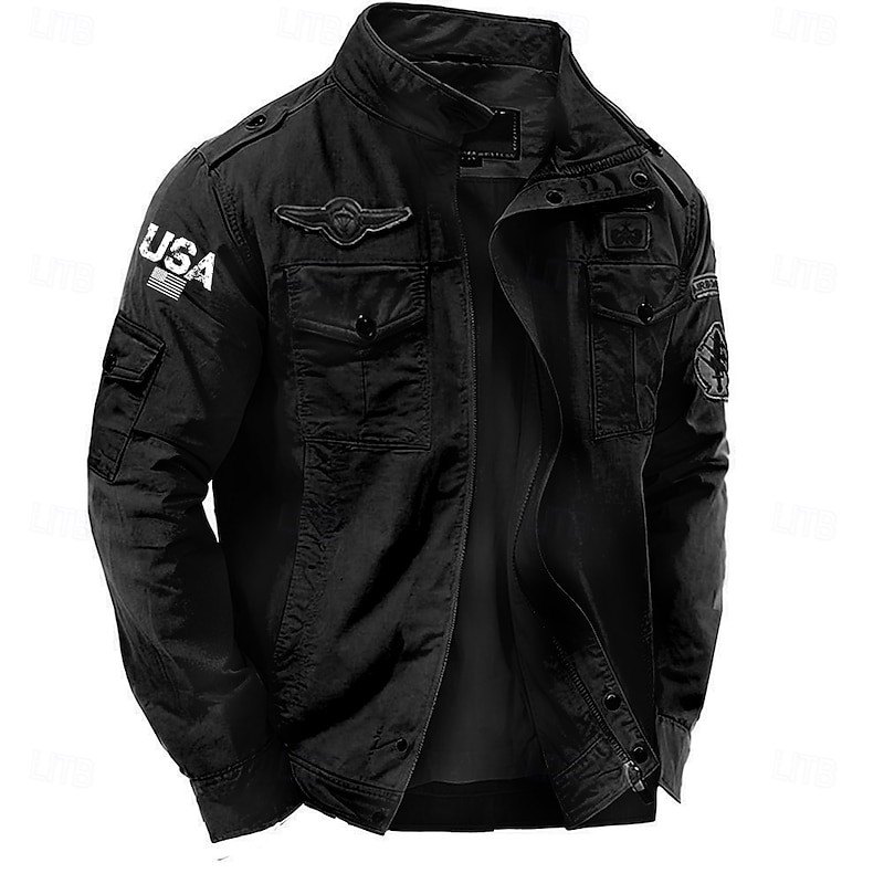 Men's Cotton Embroidered Military Jacket Windbreaker with Shoulder Straps Long Sleeve Standing Collar Multi-Pockets Trucker Jacket USA Flag Print Tactical Outerwear3