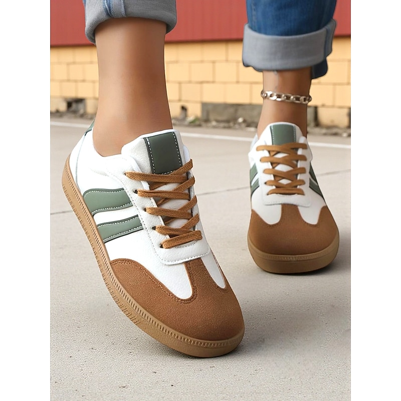 Women's Retro Lace-Up Sneakers with Brown & Green Accents – Comfortable Casual Sports Shoes for Walking, Travel & Everyday Wear2