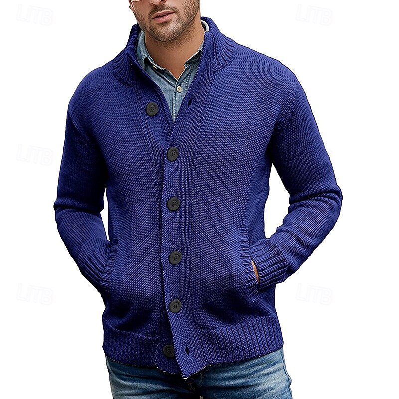 Men's Cardigan Sweater Cropped  Sweater Knit Sweater Ribbed Knit Regular Tops Button Up Pocket Plain Stand Collar Fashion Classic Vacation Daily Wear Clothing Apparel Fall Winter Black Dark Blue M L3