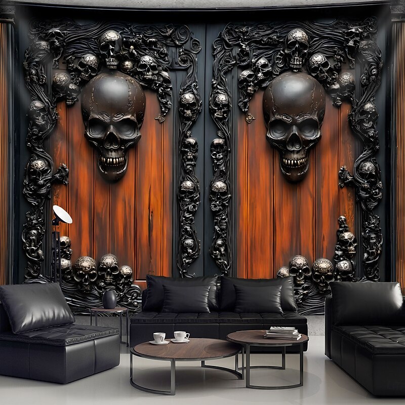 Gothic Skull Wall Tapestry – Haunted Castle Pillar Design with 3D Horror Elements, Halloween Backdrop Hanging for Bedroom or Gaming Room Decor3