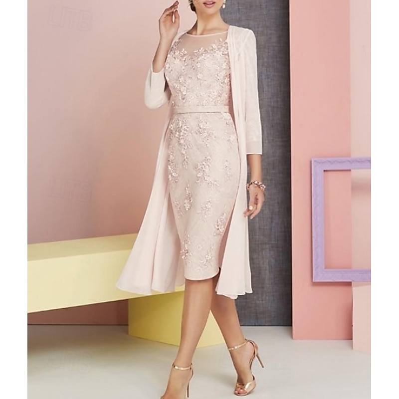Beach Wedding Two Piece Sheath Mother of the Bride Dress Wedding Guest Church Elegant Vintage Plus Size Bateau Neck Knee Length Chiffon Lace 3/4 Length Sleeve Jacket Dresses with Appliques3