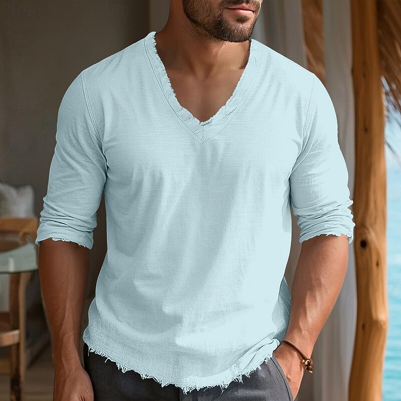 Men's Linen T-Shirt Long Sleeve V Neck Summer Spring Solid Color Plain Vintage Basic Bohemian Raw Edge Vacation Street Casual White Pink Burgundy Top Tee for Men