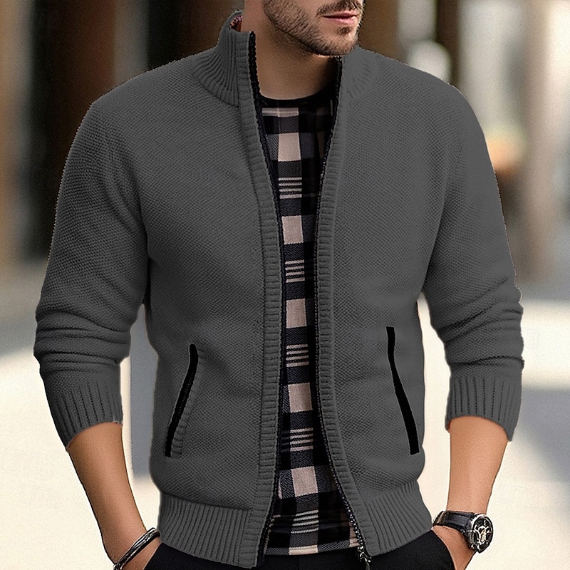 Men's Cardigan Sweater Cropped  Sweater Zip Sweater Knit Sweater Ribbed Knit Regular Tops Pocket Plain Stand Collar Fashion Classic Vacation Daily Wear Clothing Apparel Fall Winter Black Red M L XL3