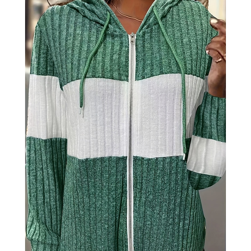 Women's Pullover Hoodie Sweatshirt Zip Up Hoodies Color Block Streetwear Casual Long Sleeve Hooded Regular Tops Street Dailywear Zipper Pocket Green Fall Winter