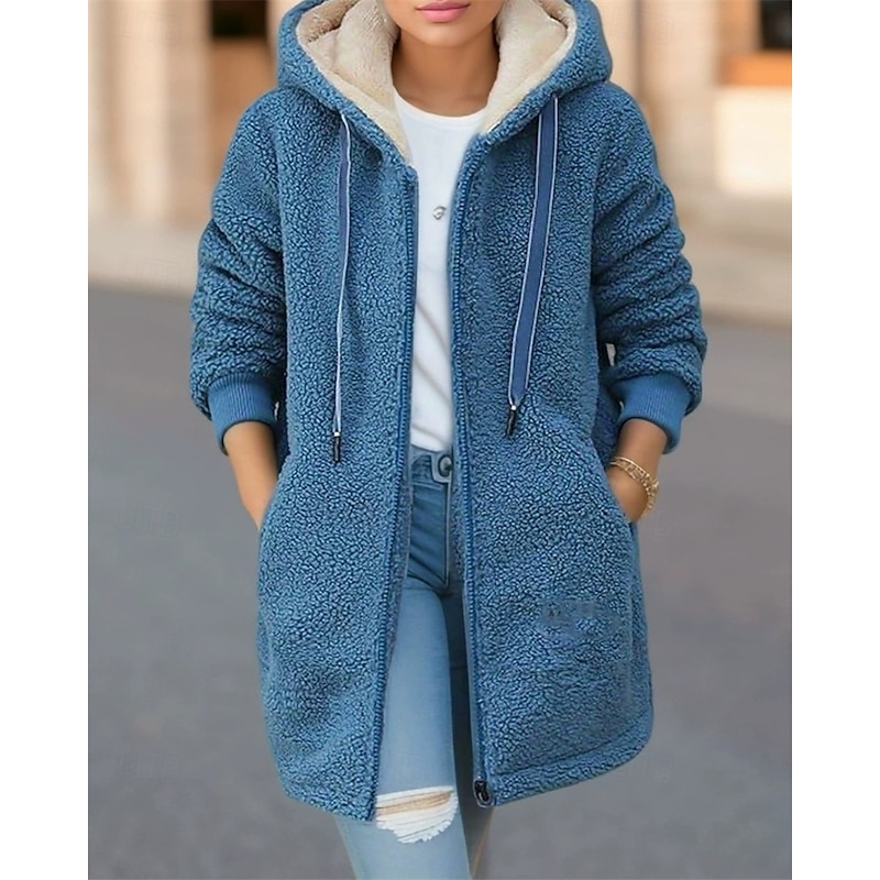 Women's Fleece Jacket Casual Jacket Warm Comfortable Zipper Pocket Fashion Outdoor Plain Going out Weekend Zipper Regular Hooded Regular Fit Long Sleeve Outerwear Pink Blue Green Fall Winter