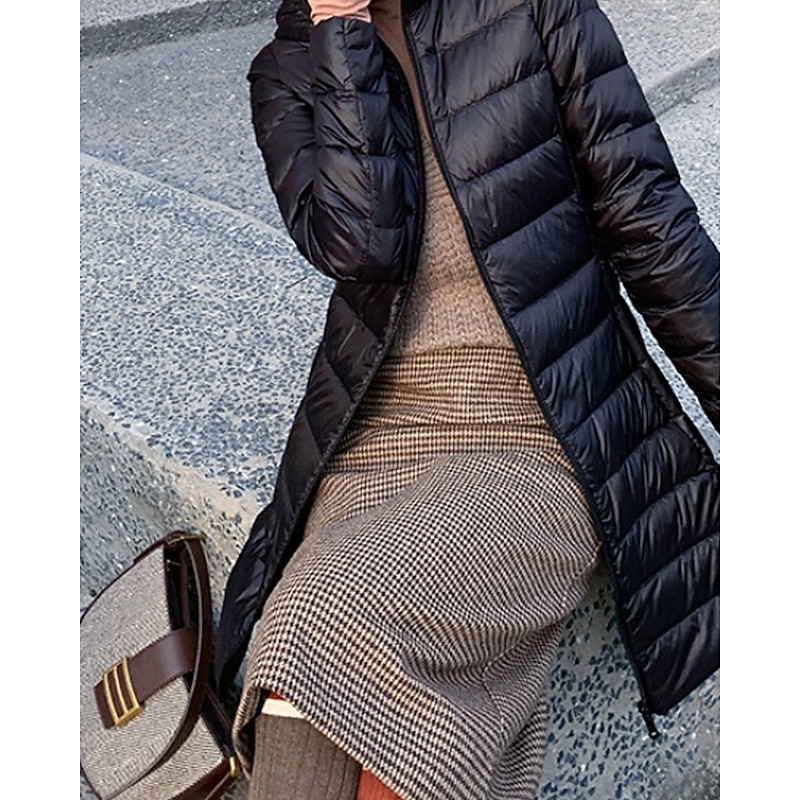 Women's Down Jacket Coat Warm Comfortable Zipper Pocket Fashion Plain Holiday Going out Weekend Zipper Long Hooded Regular Fit Long Sleeve Outerwear Black Pink Khaki Fall Winter2