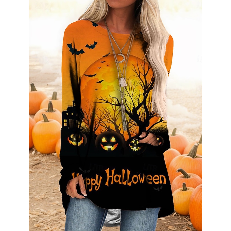 Halloween Women's T shirt Pumpkin Long Sleeve Graphic Vintage Casual Long Sleeve Crew Neck Regular Tops Daily Print Black White Yellow Orange Spring Fall Prefall