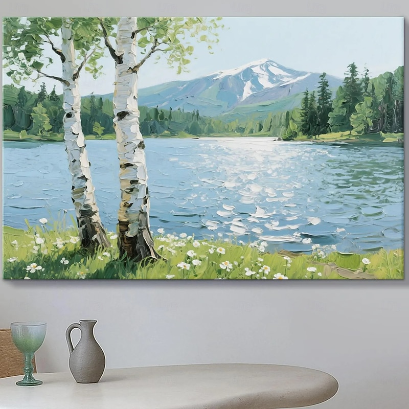 Lake and Birch Tree Oil Painting on Canvas,Hand Painted 3D Texture Mountain Landscape Artwork,Natural Wall Decor for Living Room or Office