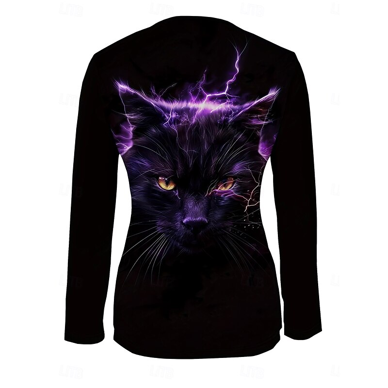 Halloween Women's T shirt Black Cat Graphic Animal Cat Elegant Vintage Stylish Long Sleeve V Neck Round Neck Notched Neck Regular Tops Daily Weekend Zipper Print Purple Spring Fall Winter2