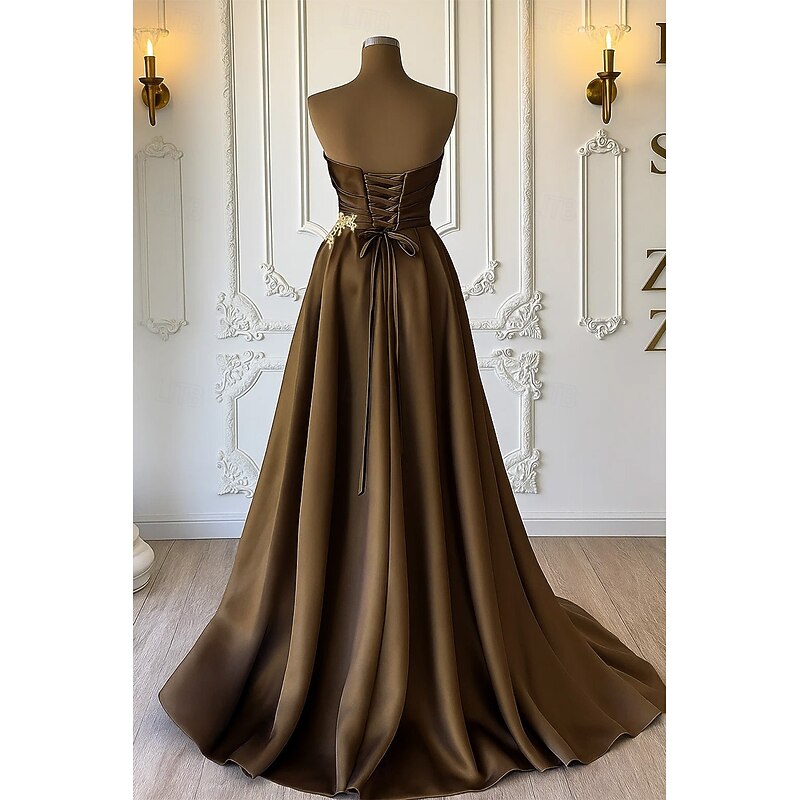 Crystal-embellished A-Line Evening Gown Elegant Dress Formal Wedding Sweep / Brush Train Sleeveless Strapless Satin Lace Up with Ruched Setails 20253