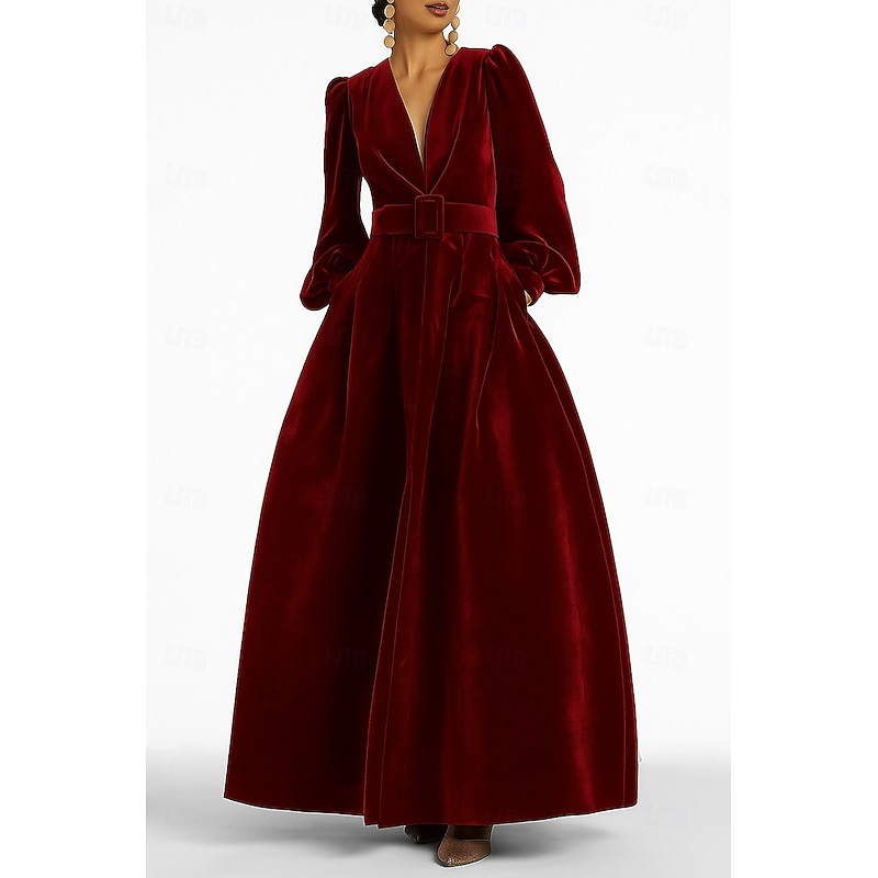 Red Black Blue Velvet A-Line Evening Gown Elegant Dress Formal Fall Wedding Floor Length Long Sleeve V Neck Pocket with Slit Pocket 2025
