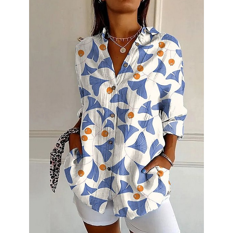 Women's Shirt Graphic Geometric Vintage Daily Casual Long Sleeve Shirt Collar Regular Tops Daily Holiday Print White Yellow Blue Dusty Blue Summer Spring2