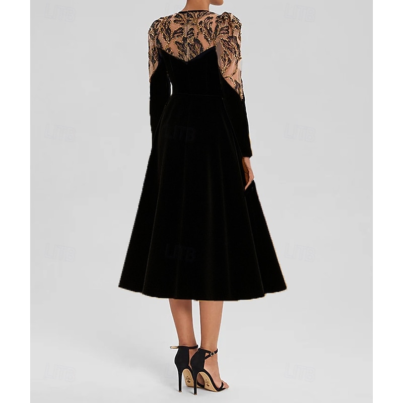 A-Line Embroidered Lace Appliques Black Stretch Velvet Cocktail Dresses Elegant Dress Formal Wedding Tea Length Long Sleeve Crew Neck 20253