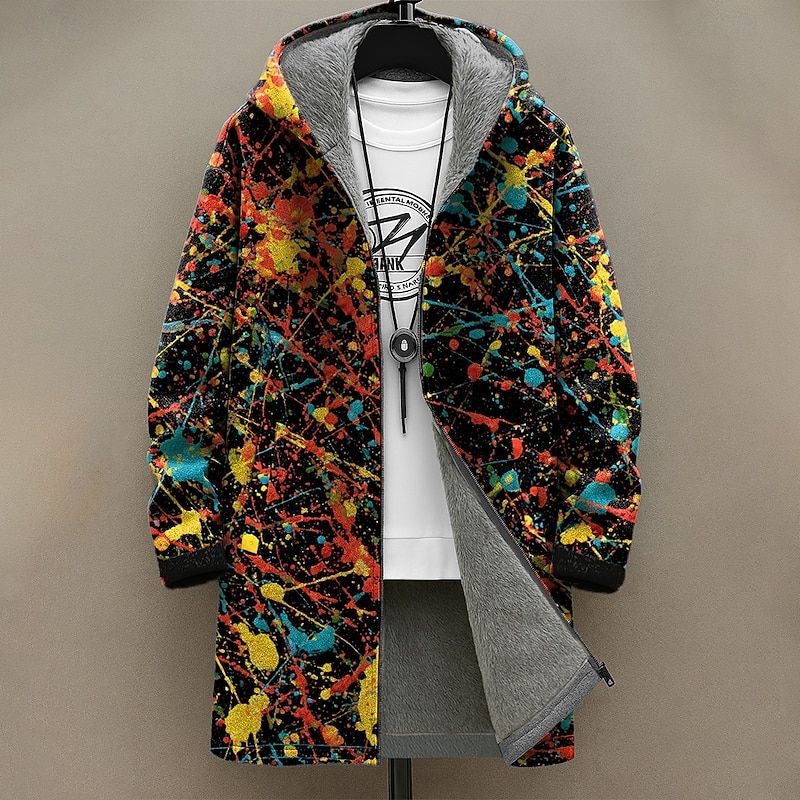 Men's Graphic Graffiti Winter Coat Fleece Jacket Coat Thermal Warm Comfortable Casual Daily Wear Zipper Pocket 3D Print Fall Winter Hooded Long Sleeve Yellow Blue Amethyst