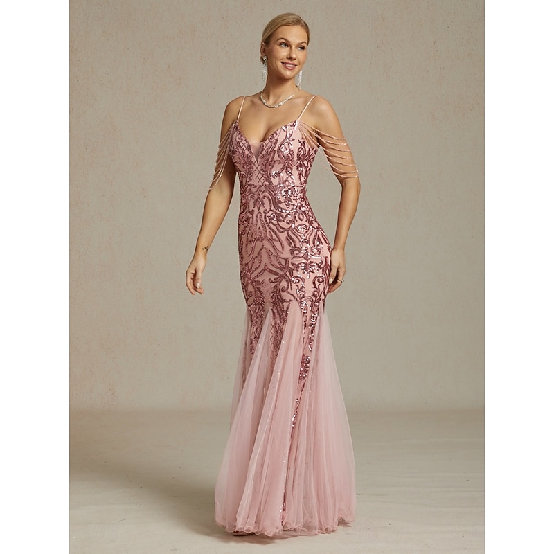 Women's Maxi Dress Sheath Dress Chiffon Dress Trumpet Mermaid Dress Tulle Dress Elegant Party Birthday Geometric Sleeveless V Neck Pink Summer