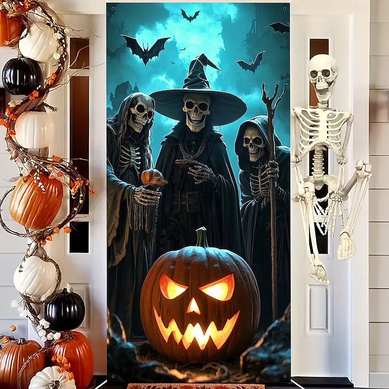 Halloween Door Decorations Halloween Door Covers Skeleton Witch Pumpkin Bat Door Tapestry Door Curtain Decoration Backdrop Door Banner for Front Door Farmhouse Holiday Party Indoor Outdoor Decor Supplies