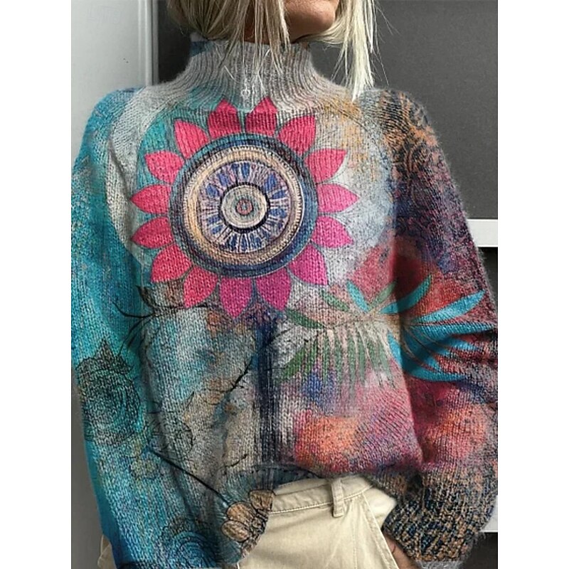 Women's Pullover Vacation Daily Floral Geometric Color Block Ribbed Turtleneck Print Long Sleeve Regular Tops Knit Outdoor Daily Holiday Black Navy Blue Fall Winter