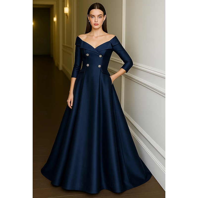 Tuxedo Dress A-Line Formal Wedding Wedding Guest Satin Elegant Silky 3/4 Sleeve Pleated Floor Length