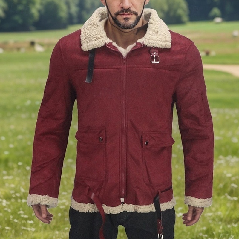 Men's Winter Jacket Sherpa Jacket Vacation Daily Thermal Warm Pocket Fleece Fall Winter Plain Fashion Streetwear Lapel Regular Black Wine Blue Khaki Jacket3