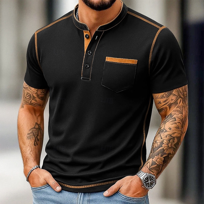 Men's Henley Shirt Tee Henley Top Short Sleeve Solid Color Plain Solid Fashion Designer Casual Color Block Buttons Plain Henley Collar Henley Outdoor Casual Daily Summer Spring All Seasons Black - Main Image