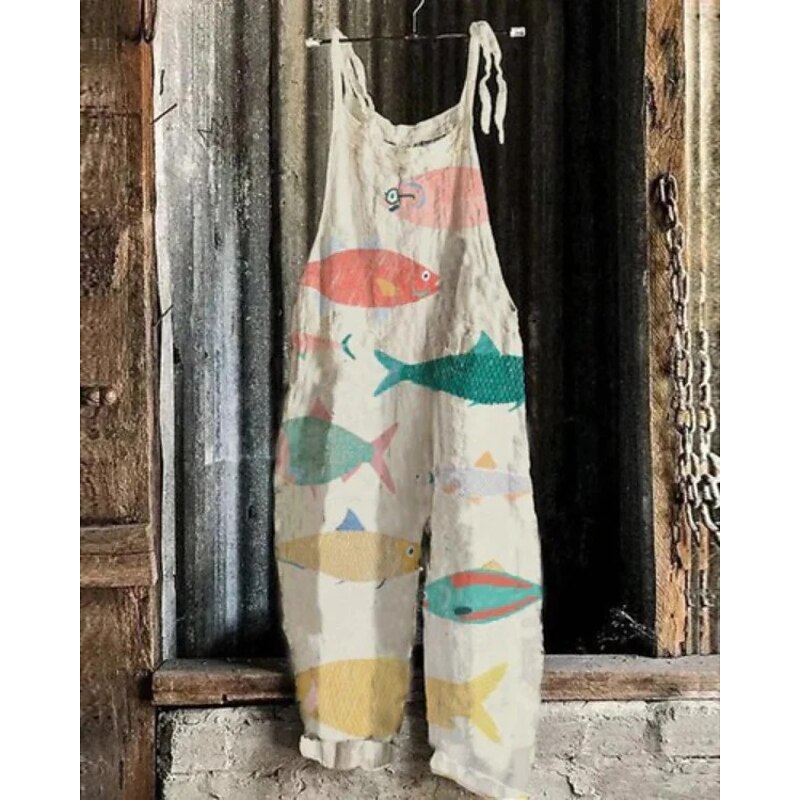 Women's Jumpsuit Vacation Vintage Ethnic Style Full Length Mid Waist Animal Fish Breathability Lightweight Soft Inelastic Causal Casual Daily White Blue Khaki Beige Summer Spring4