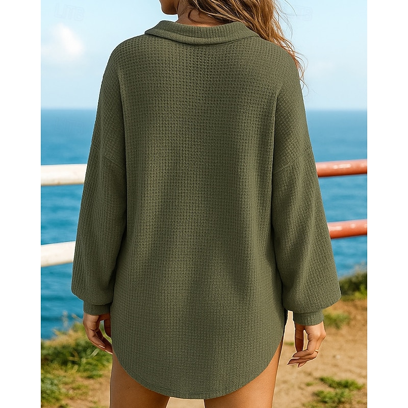 Women's Pullover Sweatshirt Casual Tops Buttons Waffle Long Sleeve Top Athleisure Fall Solid Colored Outdoor Travel Sports Sportswear Activewear Black Pink Army Green3