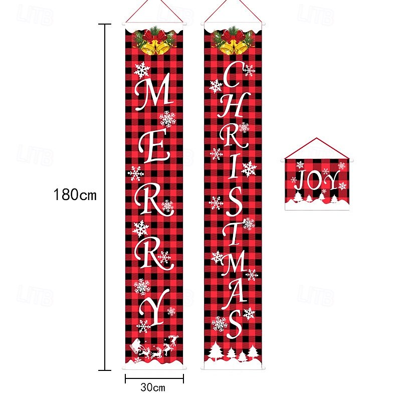 Christmas Porch Door Sign Xmas Welcome Banner Red and Black Plaid Door Curtain Hanging Banner Festive Holiday Decoration European Style Door Hanging Couplets Perfect Party Atmosphere Setup2