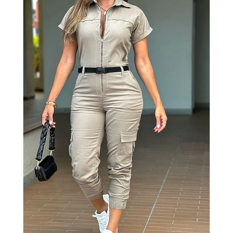 Women's Normal Jumpsuit Streetwear Solid Color Short Sleeve Cargo Pants Shirt Collar Pocket Street Daily Regular Fit Black White Khaki Fall