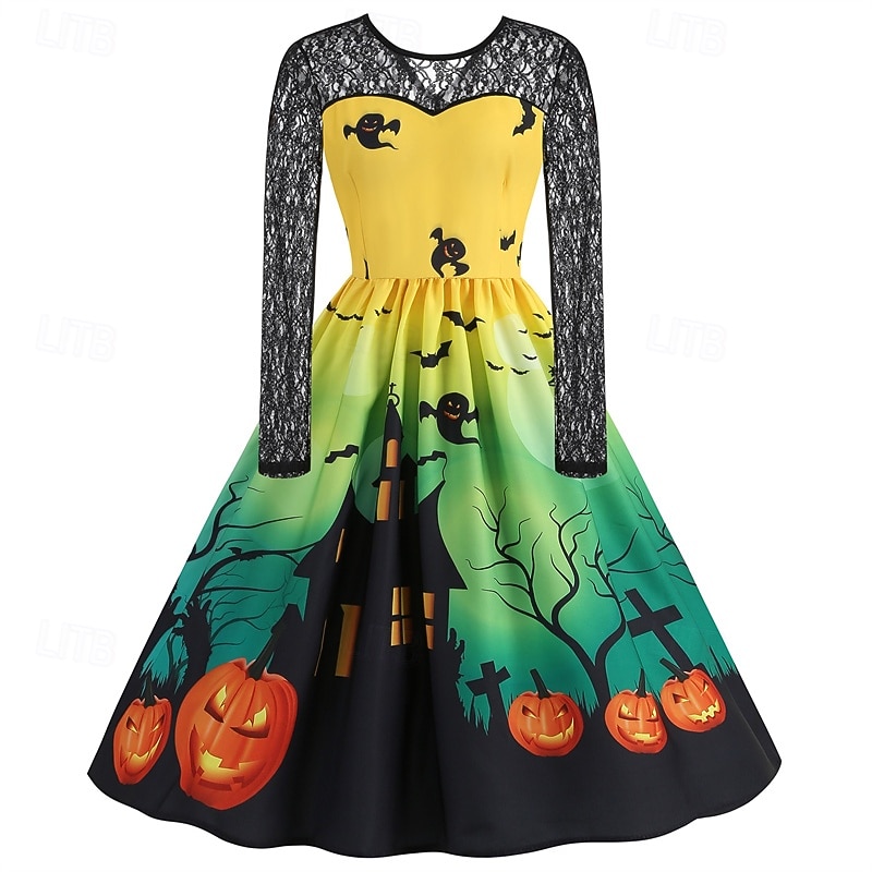 Women's Mini Dress Lace Dress Swing Dress Print Dress Fashion Modern Halloween Daily Beach Regular Fit Pumpkin Long Sleeve Crew Neck Yellow Spring Fall