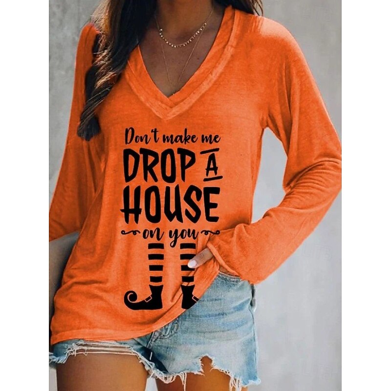 Halloween Women's T shirt Witch Long Sleeve Graphic Letter Vintage Stylish Classic Long Sleeve V Neck Regular Tops Daily Print Black White Blue Orange Green Spring Fall Prefall4