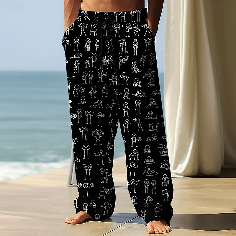 Men's Trousers Baggy Pants Casual Pants Elastic Drawstring Waist Linen-Like Pants with Pockets People Stick Figure Full Length Outdoor Vacation Funny Black White Inelastic2