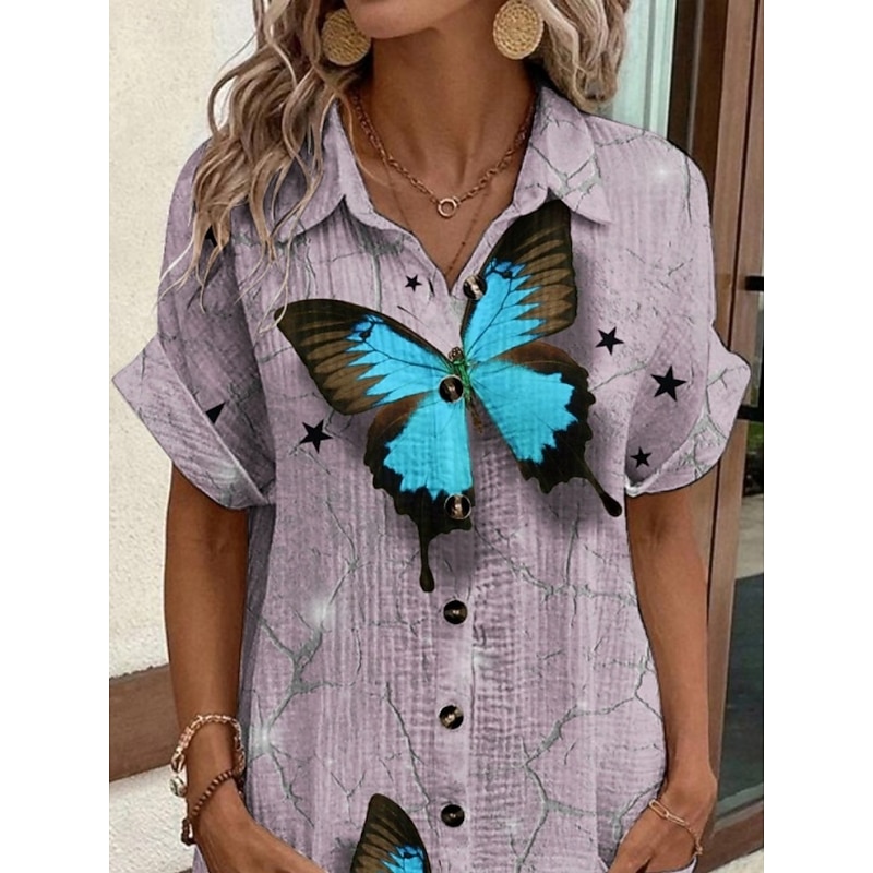 Women's Mini Dress Shirt Dress Casual Dress Print Dress Fashion Modern Daily Beach Weekend Regular Fit Butterfly Short Sleeve Shirt Collar Purple Summer Spring Fall Autumn2