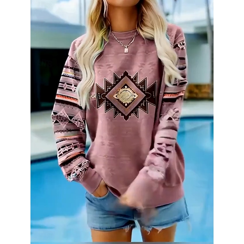 Women's Pullover Sweatshirt Hoodies Graphic Geometric Tribal Fashion Casual Long Sleeve Crew Neck Round Neck Regular Tops Street Dailywear Print Pink Blue Purple Spring Fall Winter