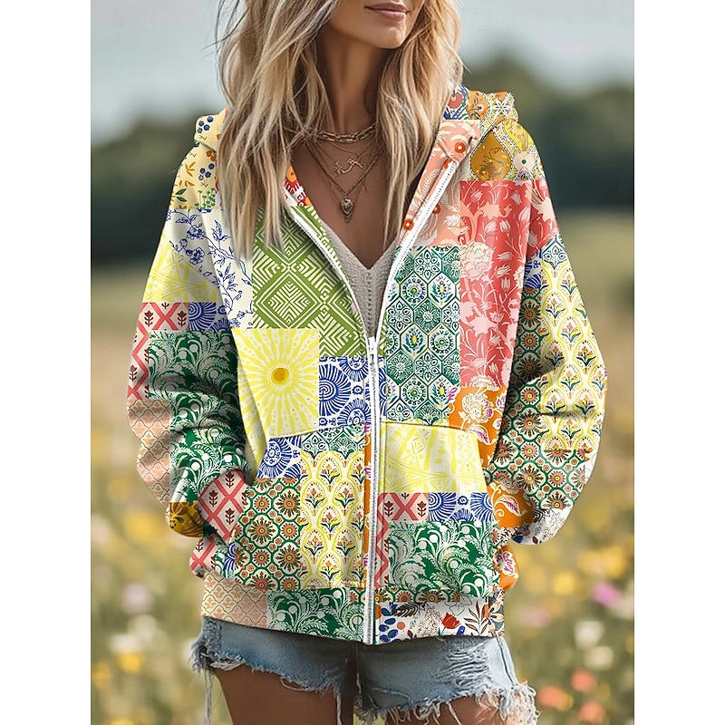 Women's 3D Print Vintage Boho Hoodie Patchwork Hoodie Sweatshirt Floral Zip Up s  Fashion Casual Long Sleeve Hooded  Street Dailywear Patchwork Zipper Pocket Yellow Pink Blue Purple Green Spring Fall