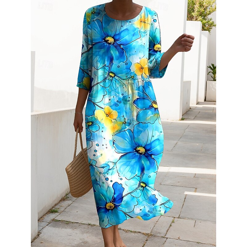 Women's Maxi Dress Kaftan 3/4 Length Sleeve Crew Neck Casual Shift Dress A Line Dress Dress Boho Daily Holiday Date Floral Graphic Pink Red Blue Fuchsia Spring2