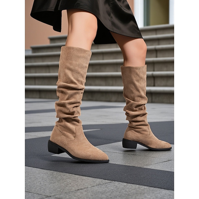 Women's Mocha brown Suede Slouch Knee-High Boots with Unique Shaped Heels, Minimalist Urban Fashion Footwear