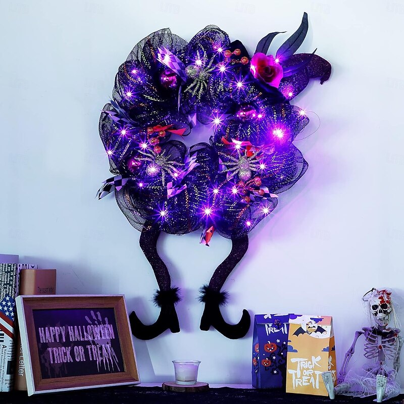 1 Pc 41CM Halloween Clown Glowing Flower Wreath Display Window Wall Door Sect Decoration Light for Festival Atmosphere Purple Orange Lights2