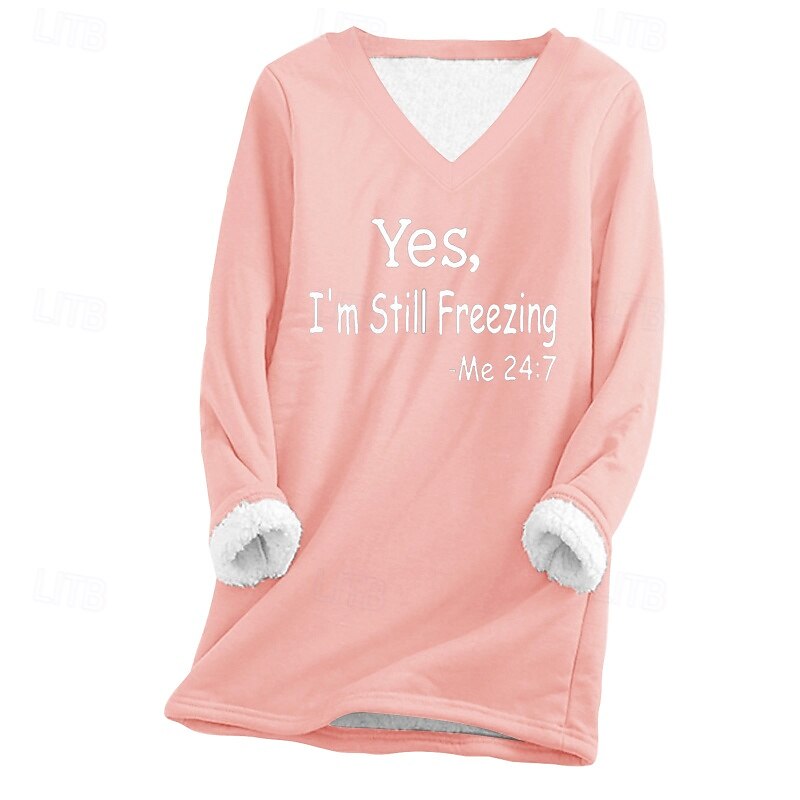 Women's Fleece Lined Pullover Sweatshirt Pajamas Pullover Sweatshirt Yes Im Cold  Letter Streetwear Casual Long Sleeve V Neck Regular Tops Home Street Holiday Print Black Pink Navy Blue Light Grey4