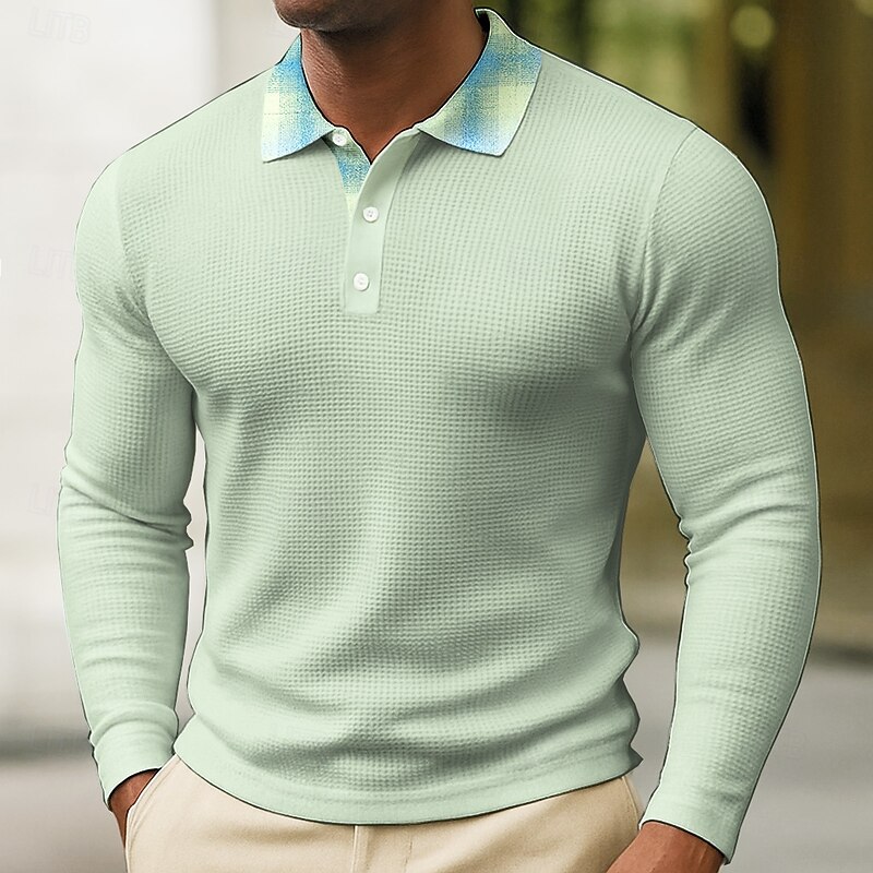 Halloween Men's Plain Waffle Polo Shirts Long Sleeve Polo Shirts Lapel Casual Daily Wear Buttons Summer Fall Light Green Navy Blue Orange2