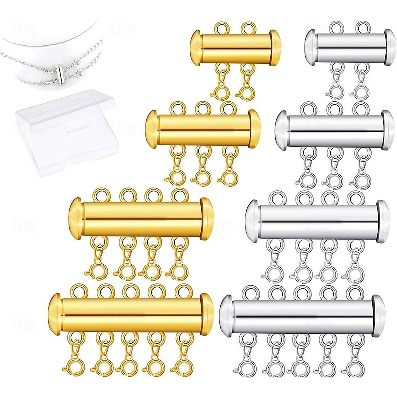 8 Pieces Slide Clasp Lock Necklace Connector Multi Strands Slide Tube Clasps with Storage Box Magnetic Pearl Bracelet DIY Jewelry Findings Multi Row Clasp Set for Layered Necklace Craft Supplies