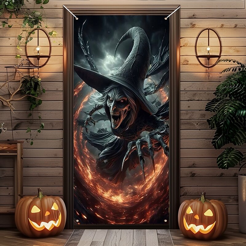 Halloween Door Cover Outdoor Banners Witch 3D Psychedelic Dark Punk Gothic Style Party Outdoor Shooting Backgrounds Front Door Wall Porch Home Decor3