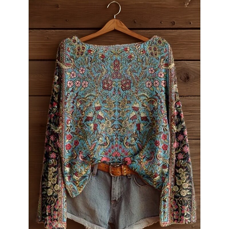 Women's Sweater Casual Soft Floral Graphic Ribbed Boat Neck Floral Knitted Print Long Sleeve Regular Tops Knit Outdoor Daily Weekend Yellow Pink Spring Fall2