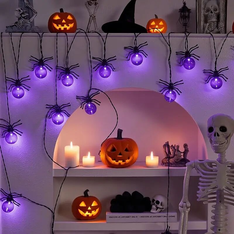 Halloween Glowing Spider String Lights 5m 15LED Battery Powered Horror Atmosphere Lights for Haunted House Room Porch Balcony Halloween Party Home Decoration