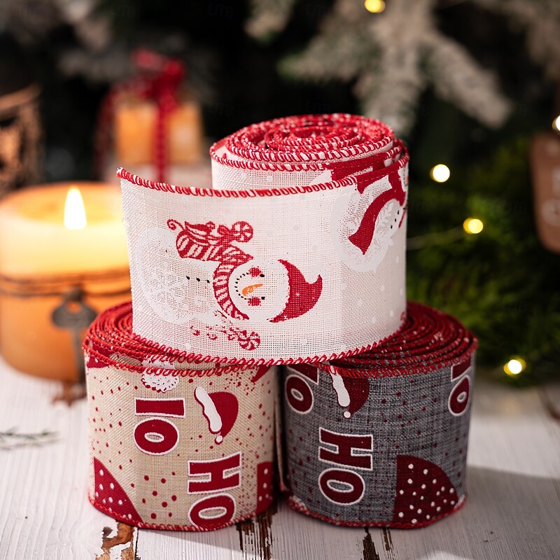 3 Rolls Christmas Wired Ribbons, HOHO Printed Christmas Ribbon for Gift Wrapping, Wreath, Tree Decoration, DIY Holiday Crafts3