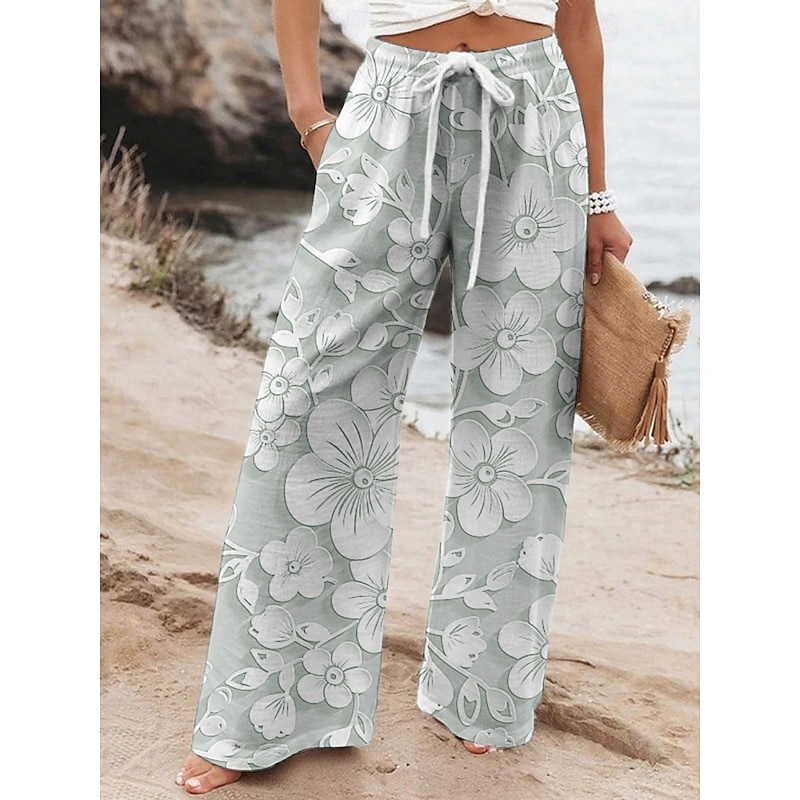 Women's Wide Leg Pants Trousers Vacation Casual Long High Waist Floral Elastic Waist Printing High Cut Breathability Soft Micro-elastic Vacation Street Daily Wear Purple Green Khaki Spring Fall