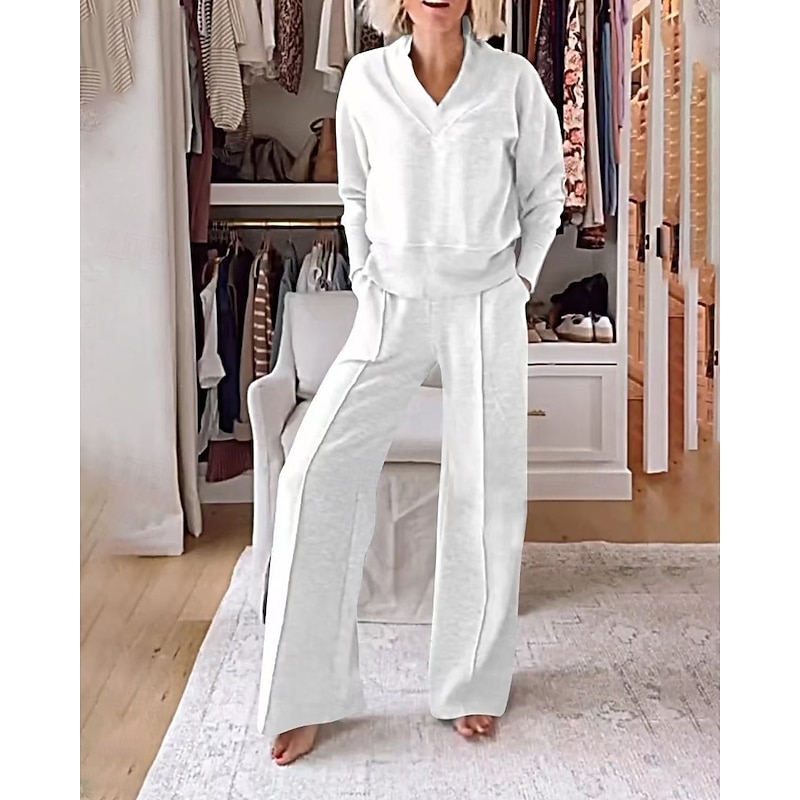 Women's Active Streetwear Blouse Pants Sets Long Sleeve V Neck Solid Color Outdoor Vacation Black White Pink Fall Regular Fit