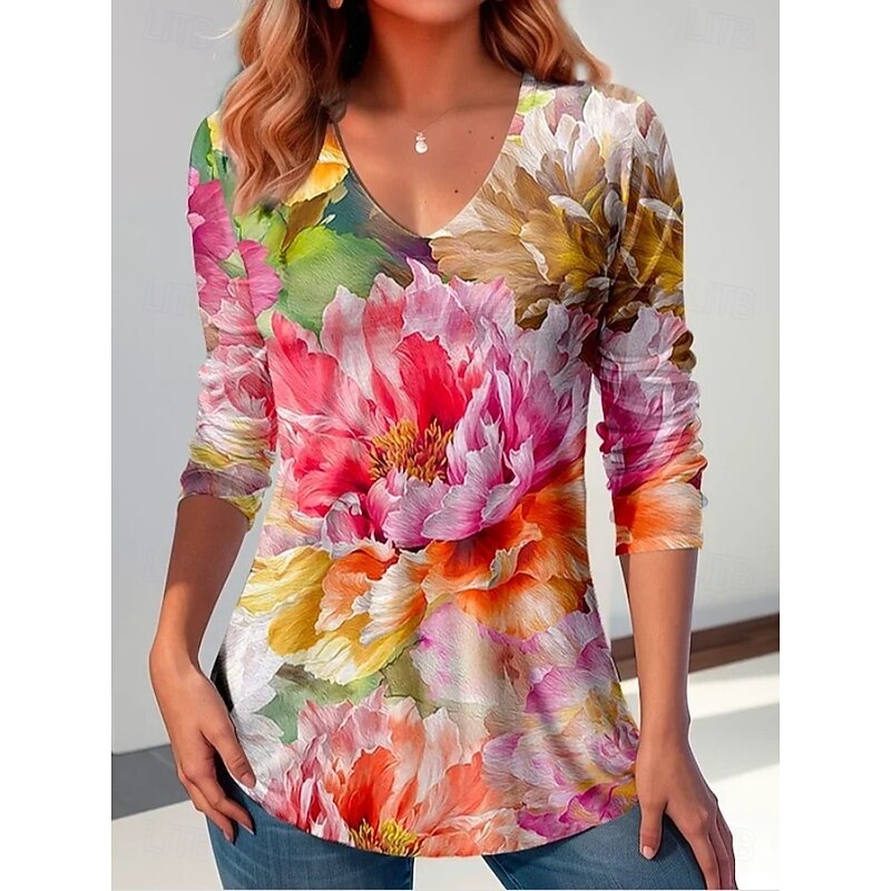 Women's T Shirt V Neck Long Sleeve Tunic Ombre Floral Graphic Elegant Vintage Regular Tops Daily Print Black Pink Orange Summer Spring - Main Image