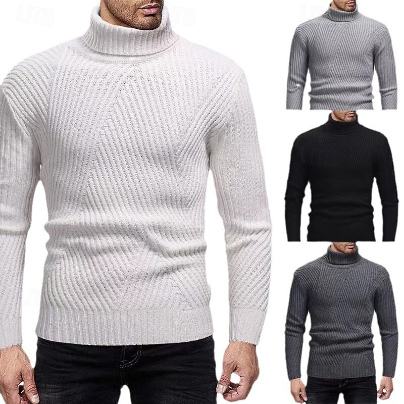 Men's Sweater Pullover Sweater Jumper Ribbed Knit Regular Tops Knitted Slim Fit Plain Turtleneck Knitwear Contemporary Casual Daily Wear Clothing Apparel Fall Black White S M L